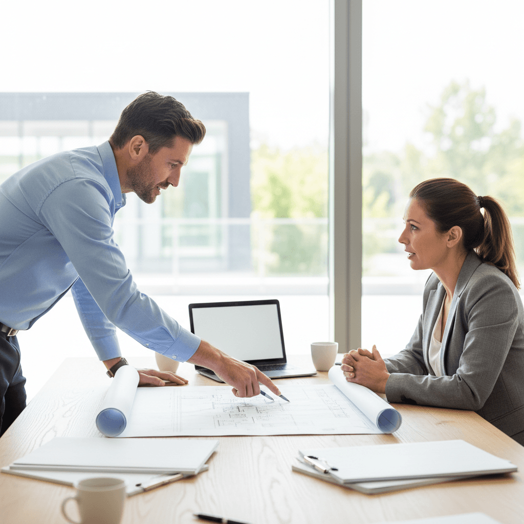 Town planner and residential builder collaborating on development project strategy