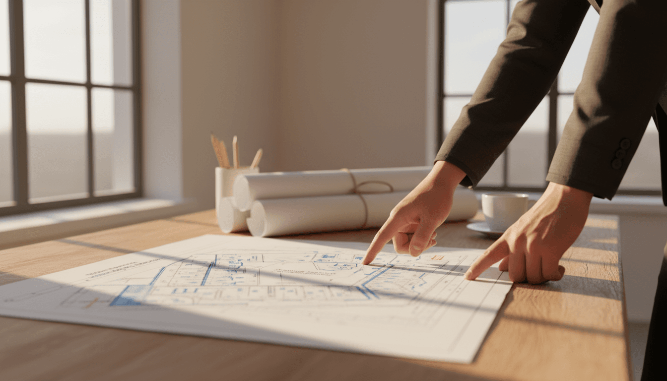 Hands reviewing residential development plans and site drawings on a desk