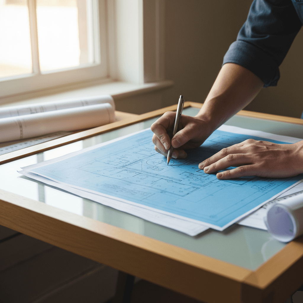Town planner reviewing residential development plans on a light table