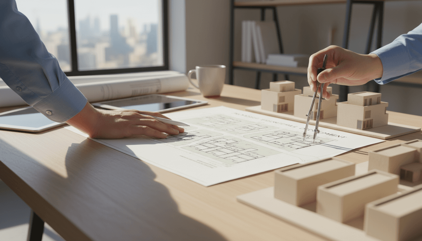 Planning consultant reviewing residential development drawings and site plans at a workspace