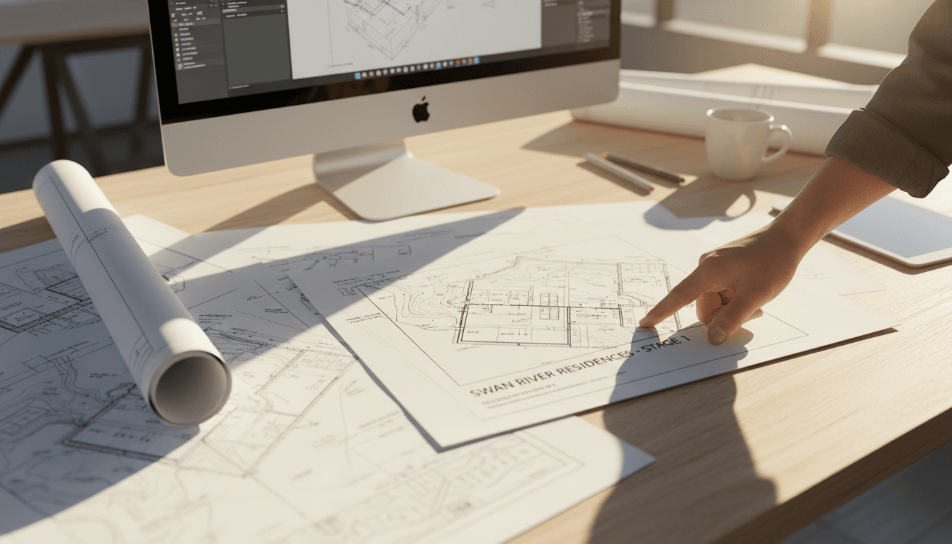 Architect reviewing residential development plans and site layouts on a timber desk with blueprints and design software
